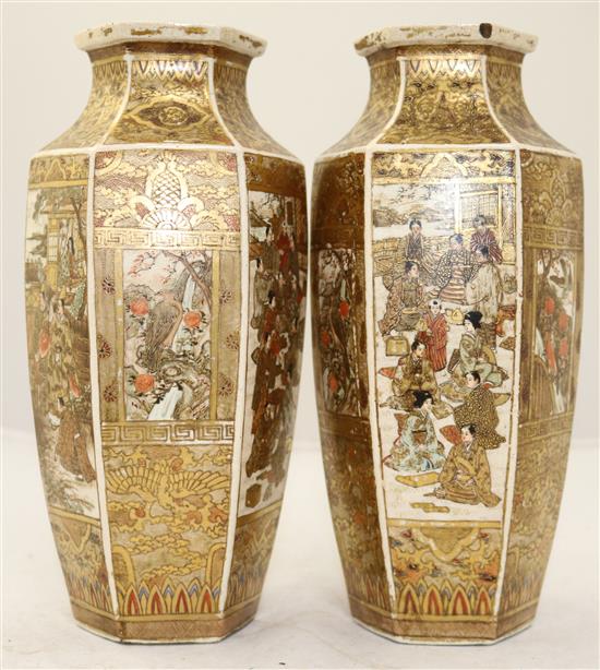 A pair of Japanese Satsuma pottery hexagonal baluster vases, Meiji period, 24cm